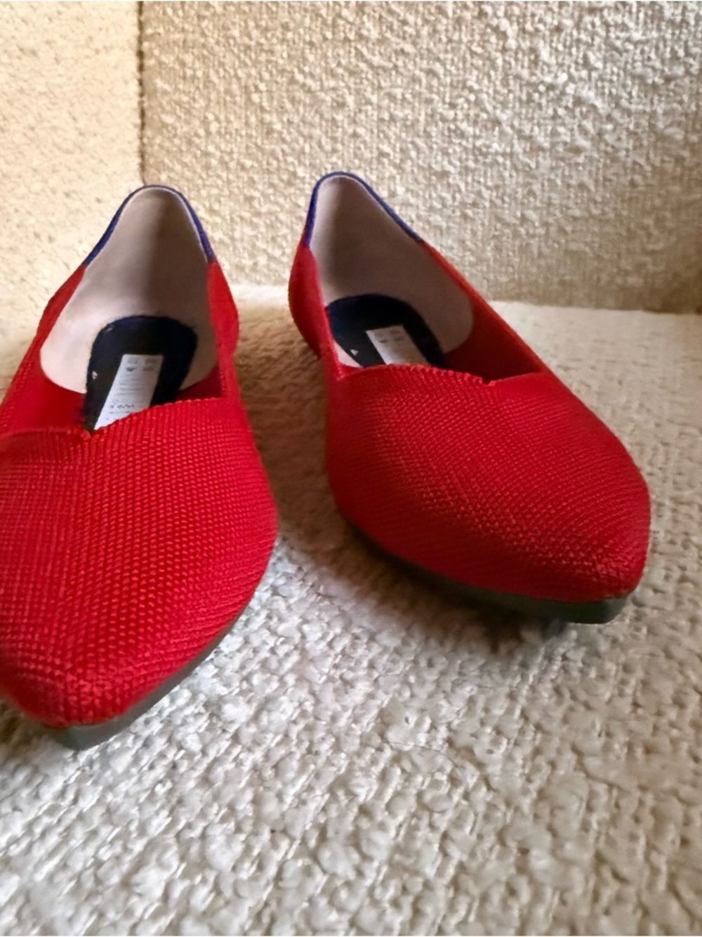 Rothy's Red Pointed Knit Flats with Blue Trim - Picture 9 of 10